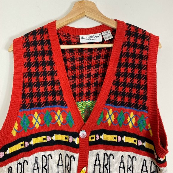 Vintage 1994 The Eagles Eye Sweater Red Teachers Cardigan Vest Hand knitted - Picture 4 of 8